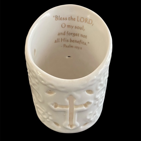White Votive Candle Holder Cross Cut-out Scripture Psalms 103:2 Gold Print - Picture 5 of 6